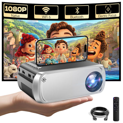 Mini Projector with Wi-Fi 6 and Bluetooth 5.4,Full HD 1080P Portable Projector Electric Focus,Projector for Bedroom Entertainment Smartphone/HDMI/TV Stick/Windows/USB