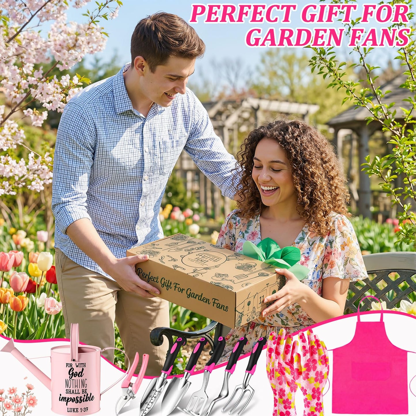 Blueweenly 9 Pcs Watering Can Garden Tools Kit with Bible Verse Christian Gardening Gifts for Women with Heavy Duty Garden Hand Tools 1.6L Galvanized Metal Can Apron Gloves for Mom Grandma(Pink)