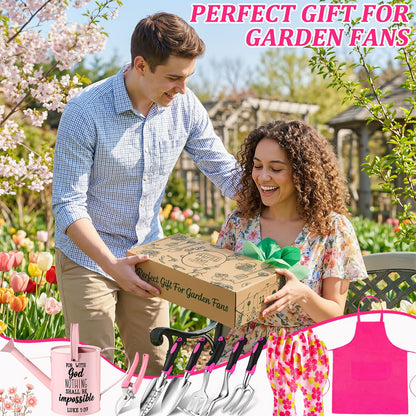 Blueweenly 9 Pcs Watering Can Garden Tools Kit with Bible Verse Christian Gardening Gifts for Women with Heavy Duty Garden Hand Tools 1.6L Galvanized Metal Can Apron Gloves for Mom Grandma(Pink)