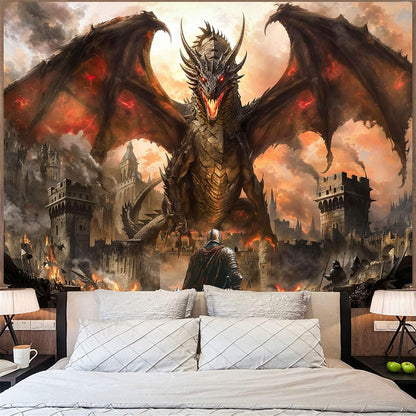 Spenlife Fire Dragon Siege Wall Tapestry, Fantasy Castle Battle Tapestries for Room Decor, Epic Tapestry 60x44 Inch