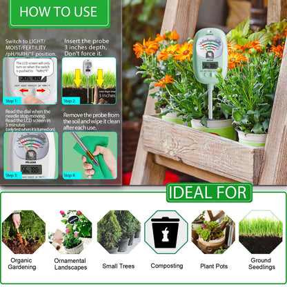 HSLGOVE Soil Test Kit, 7-in-One Soil Moisture Meter/Soil PH Meter/Fertility, Dual Screen Soil Tester w/Digital Soil Temp/Air Temp&Humidity for Plants Gardening,Lawn,Farm Indoor&Outdoor-AppleGreen