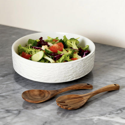 seicasaya 10 Inch Ceramic Salad Bowl with Acacia Wood Serving Spoon and Fork Set High Temperature Fired Stone Texture Large Serving Bowl for Pasta Fruit Popcorn Modern Centerpiece Bowl (White)