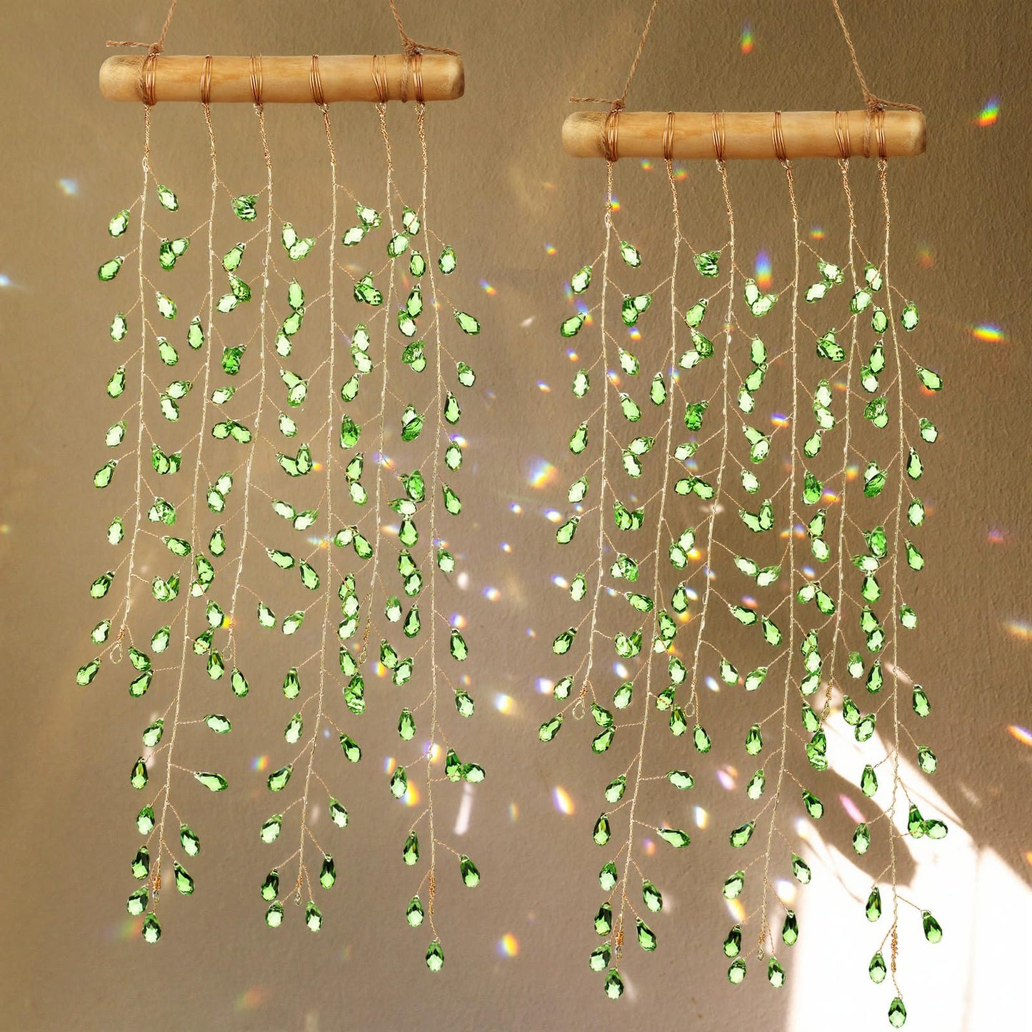Suncalla 2 Pcs Crystal Suncatchers for Window Boho Decor Hanging Sun Catcher Making Rainbow Green Plants Artificial Crystal Prisms Wind Chime with Chain for Garden Home Wedding Ornament Gift
