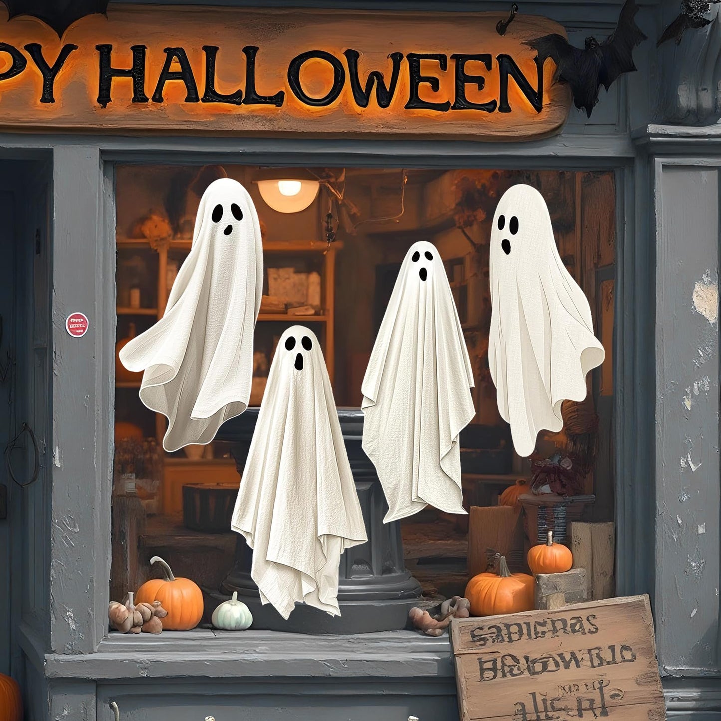 Whaline Extra Large Halloween Window Clings Spooky White Ghost Silhouette Reusable Window Decals for Holiday Party Haunted House Home Office School Decor, 4 Sheets