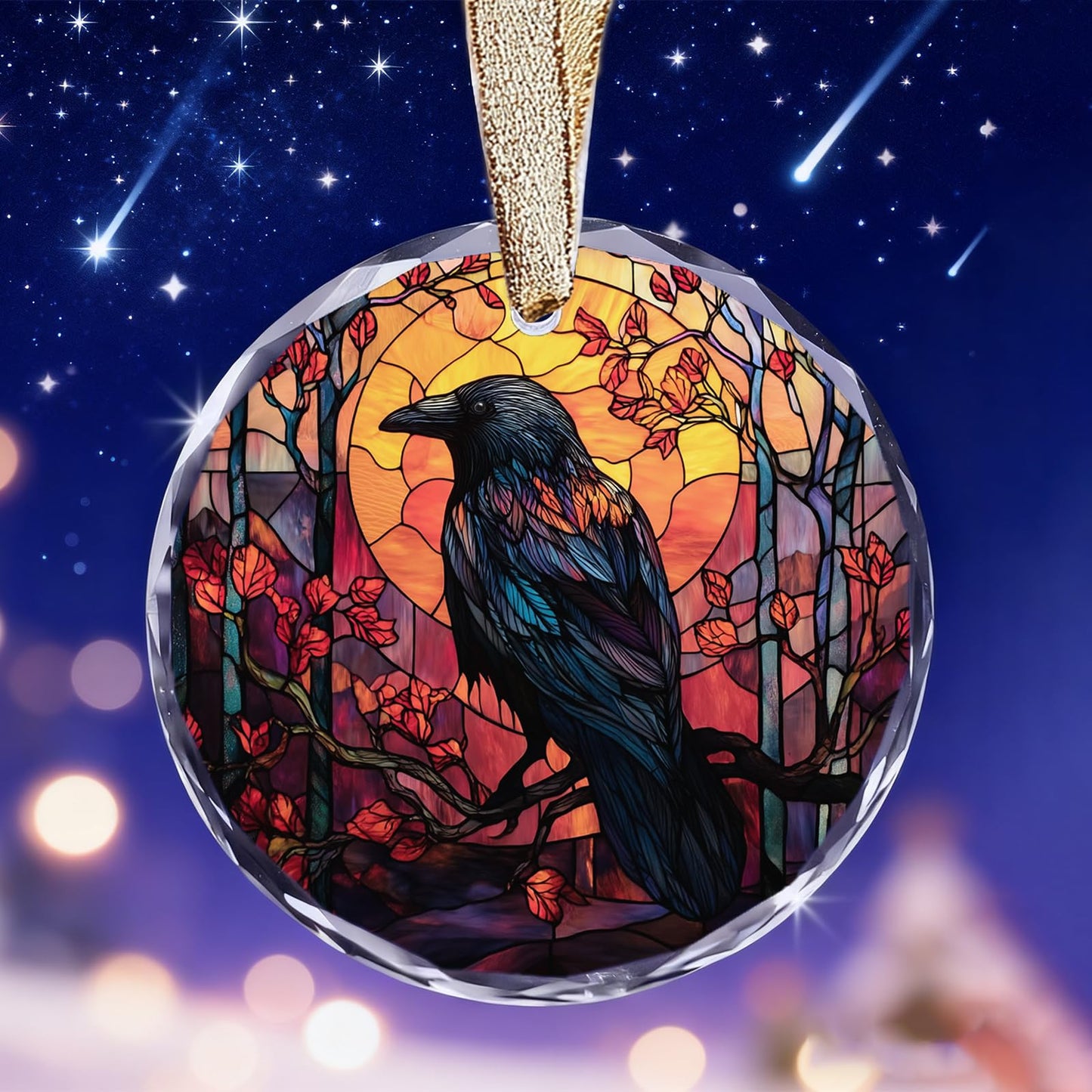Gothic Crow Ornament for Christmas Tree - Goth Witchy Raven Stained Glass Christmas Ornaments, Unique Crow Gifts Idea