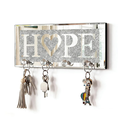 SHYFOY Crystal Clear Hooks Key Holder Key Hanger, Sparkly Mirrored Home Letters Plaque Sign for Decor, Silver Mirror Decoration Wall Art for Entryway Hallway Living Room, Hope Letter