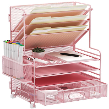 MINDEPOT 4-Tier Paper Organizer + 3-Pocket File Holder + Drawer + Pen Holders, Desktop File Organizers Paper Tray for Office Supplies School Classroom Organization (Pink, with Drawer & Pen Holder)