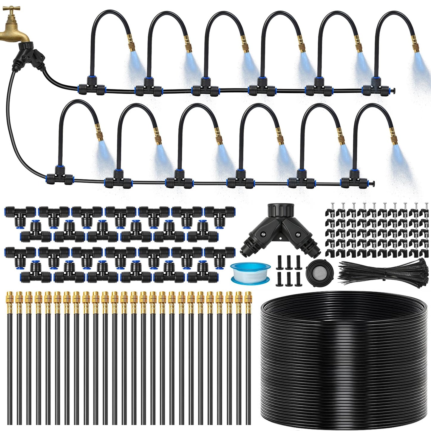 120Ft 1/4" Drip Irrigation System for Garden – 26 Adjustable Copper Nozzles, Automatic Atomizing Sprinkler System for Outdoor Plants Raised Bed, Yard, Potted Plants & Lawn