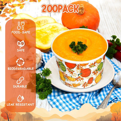 Uiifan 200 Pcs 9oz Fall Paper Bowls Thanksgiving Disposable Bowls Autumn Leaves Pumpkin Bowls Holiday Dessert Salad Snack Soup Cups for Party Supplies Hot or Cold Food