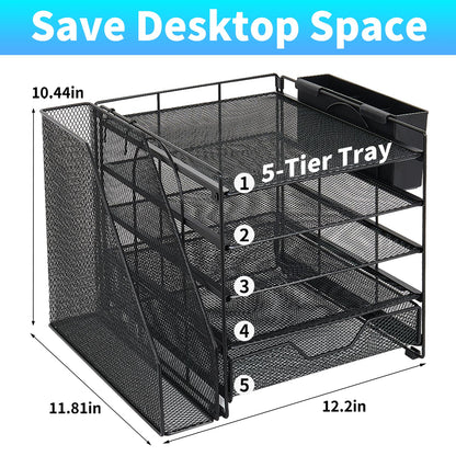 Gugsey Desk Organizers and Accessories, 5-Tier Paper Letter Tray Organizer with File Holder, Drawer & Pen Holder, Office Desk Accessories, Desktop Organizer for Classroom Office Supplies, Black