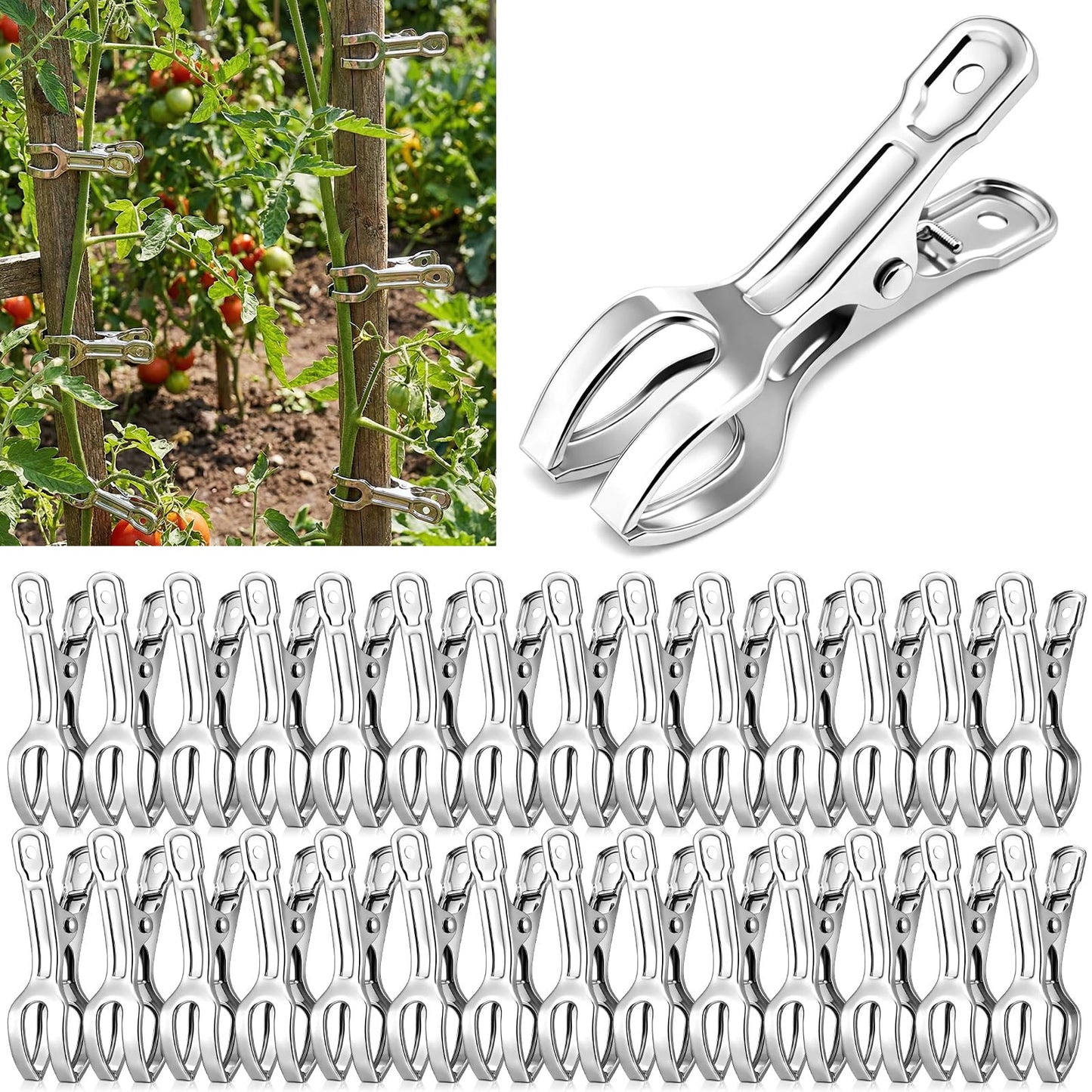 FoldTier 50 Pack Heavy-duty Stainless Steel Garden Clips Upgraded Large Opening Greenhouse Clamps for 3/4" to 2" Pipes Strong Grip Hoop House Clips for Row Covers Shade Cloth Tarps and Plant Support
