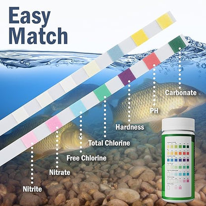 7-in-1 Pond Test Strips – Accurate Pond Water Test Kit for pH, Nitrate, Nitrite, Carbonate, Hardness, Total & Free Chlorine – Easy-to-Use Accessories for All Garden Ponds – 50 Strips