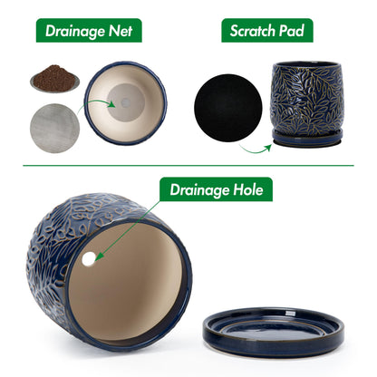 D'vine Dev 5 Inch Embossed Leaves Stoneware Planter Pot with Drainage Hole and Saucer, Midnight Blue, Set of 2, 27-F-V-3