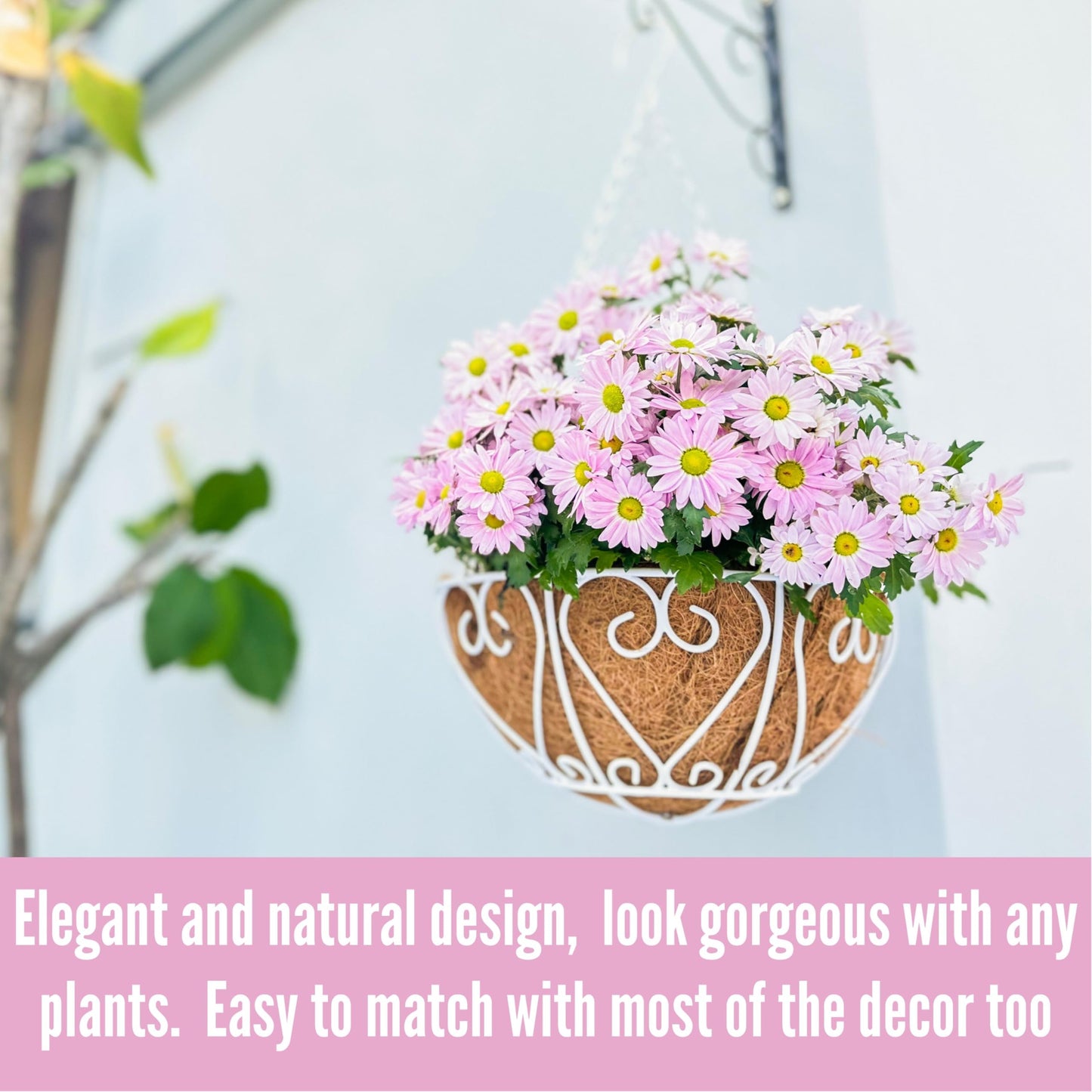LaLaGreen Hanging Baskets for Plants (4 Pack, 16 Inch) Extra Large Hanging Flower Pot with Coco Liner White Metal Wire Round Plant Holder with Hanger Hook Chain Outdoor Patio Deck Balcony Garden Decor