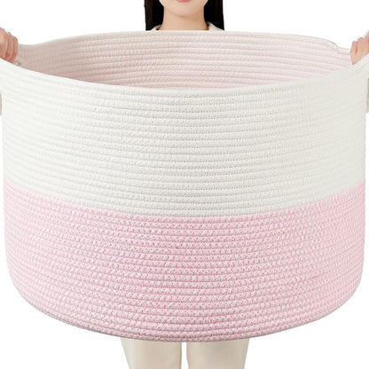 Foldable Laundry Hamper Basket with Collapsible Handle Cotton Rope Soft Woven Fabric Storage Organizer Clothes Toys Nursery Bedroom Dorm Space Saving Bin (White & Pink, 115L(23.6"D x 15.7"H))