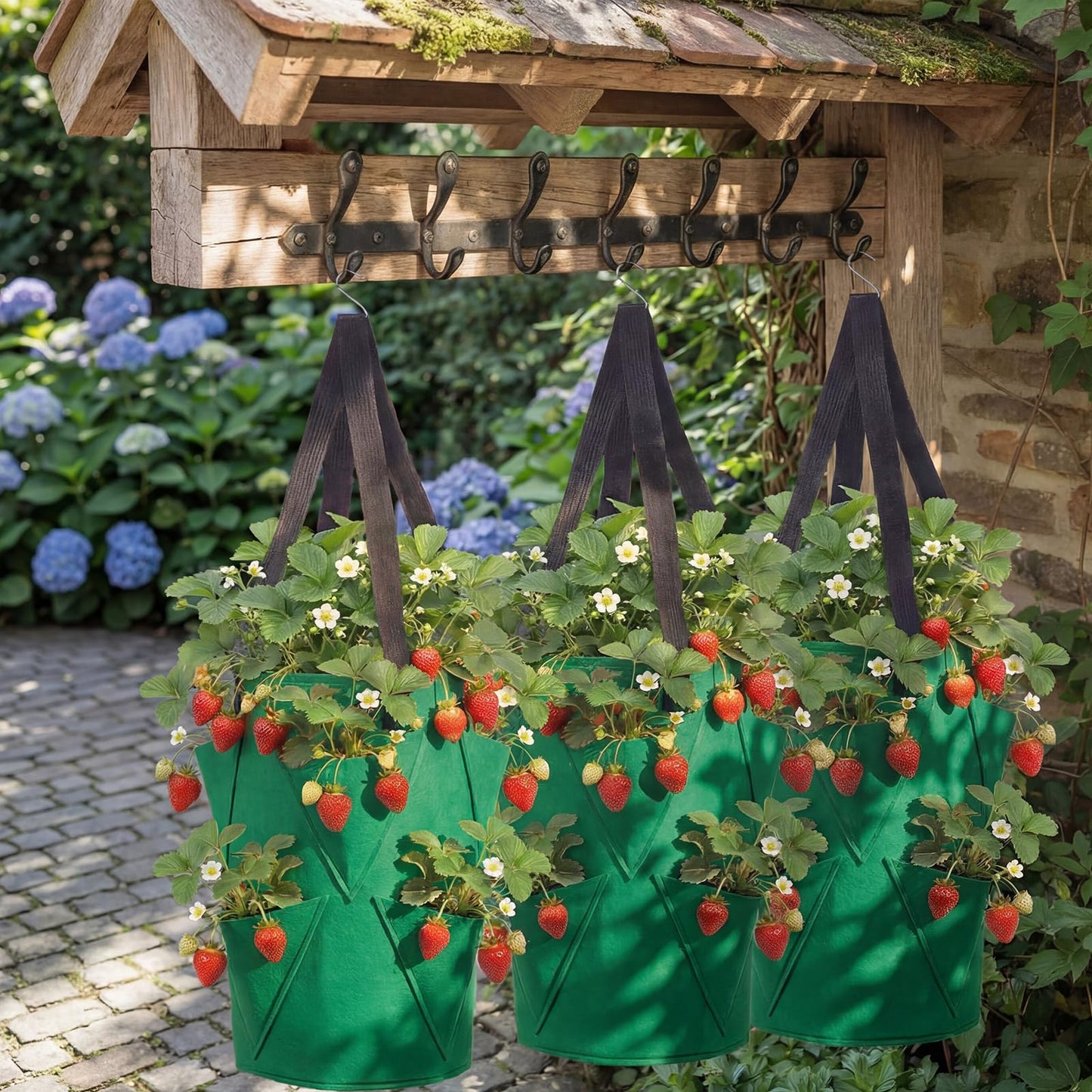 SATINIOR 10 Pack Upside Down Strawberry Planter Set Hanging Vegetables Grow Bags with 10 S Hooks, 3 Gallon Fabric Planting Bags for Easy Vertical Gardening(Deep Green)