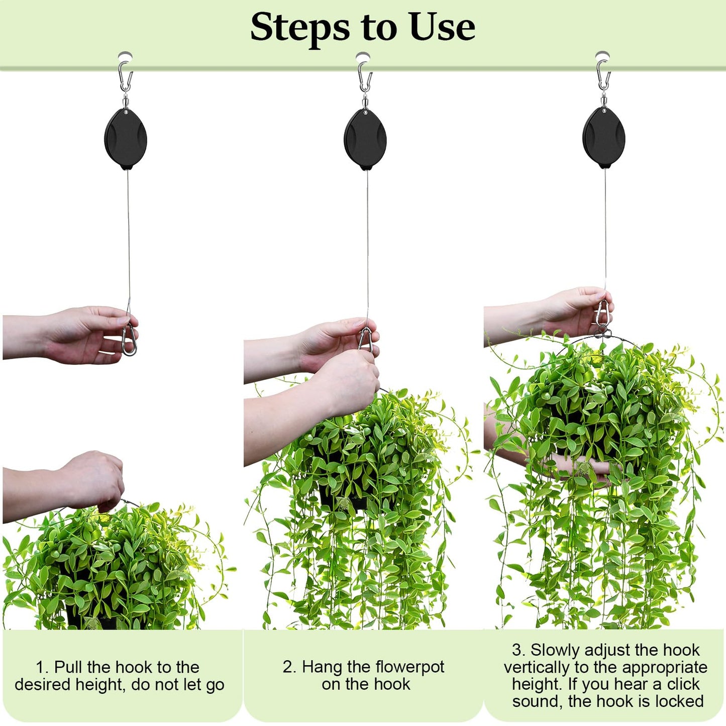 ZUZUAN 3 Pcs Upgraded Heavy Duty Retractable Plant Hanger,Plant Pulleys for Hanging Plants,Easy to Raise and Lower,Auto Lock,Adjustable Hook for Garden Baskets Pots,Birds Feeder and Grow Lights,Black