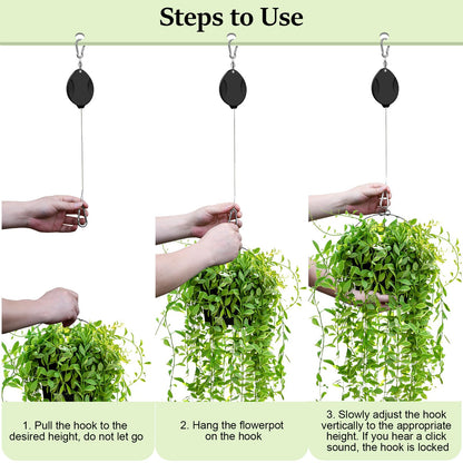ZUZUAN 3 Pcs Upgraded Heavy Duty Retractable Plant Hanger,Plant Pulleys for Hanging Plants,Easy to Raise and Lower,Auto Lock,Adjustable Hook for Garden Baskets Pots,Birds Feeder and Grow Lights,Black