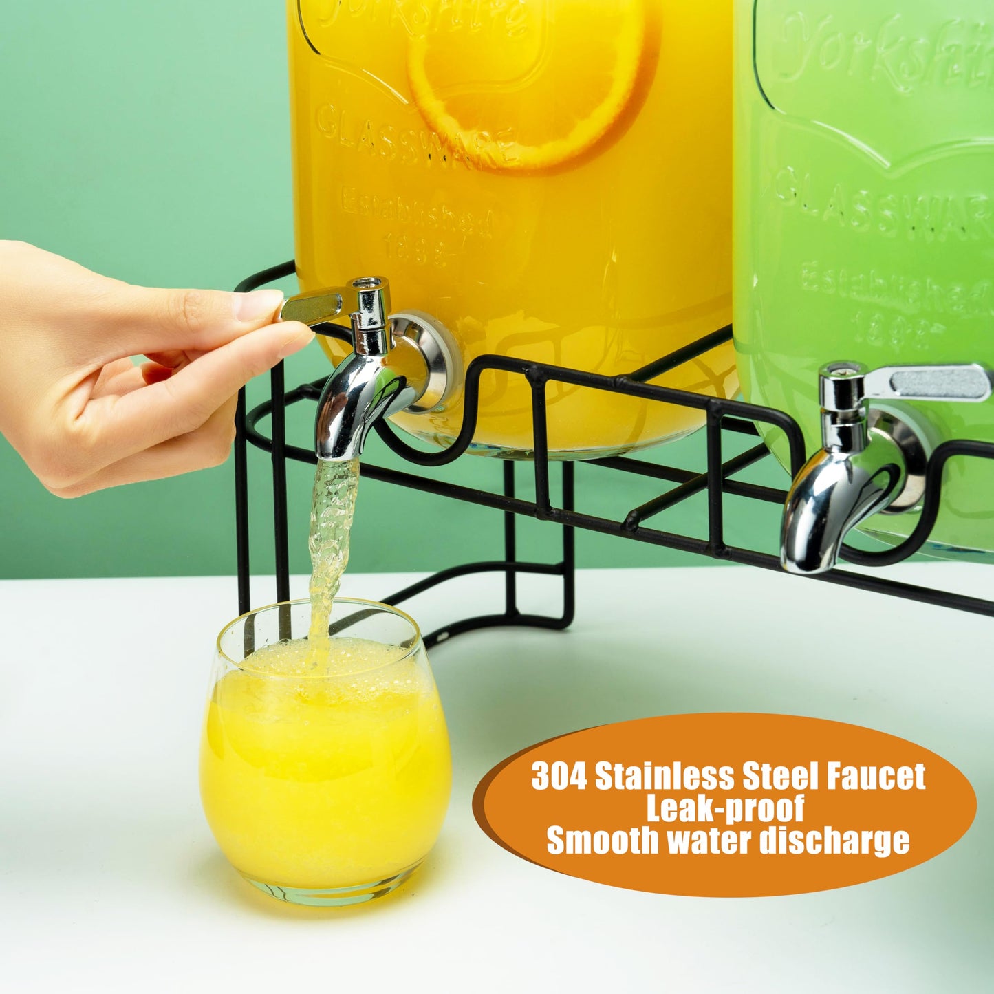 1 Gallon Glass Drink Dispensers for Parties, 2PACK Beverage Dispenser with Stand, Ice Cylinder and Stainless Steel Spigot 100% Leakproof, Beverage Dispenser for Lemonade Sun Tea
