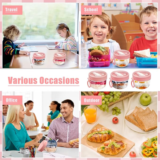 Gerrii 4 Pcs Overnight Oats Container with Lids and Spoons, 20 oz Plastic Overnight Oats Jars Large Capacity Airtight Yogurt Container for Milk, Fruit, Cereal and Salad Storage (Pink)
