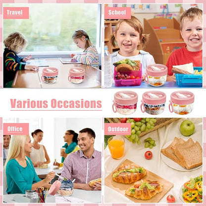 Gerrii 4 Pcs Overnight Oats Container with Lids and Spoons, 20 oz Plastic Overnight Oats Jars Large Capacity Airtight Yogurt Container for Milk, Fruit, Cereal and Salad Storage (Pink)