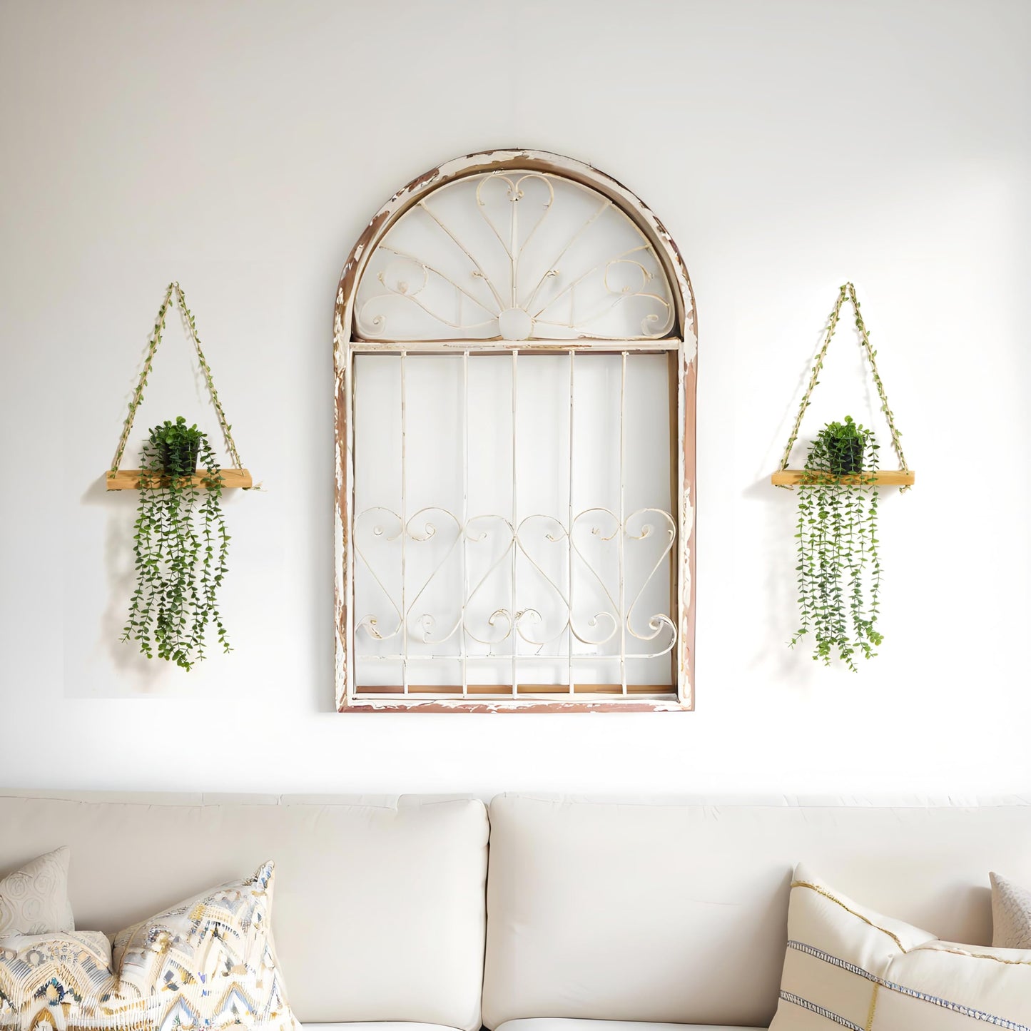 Mokof 2 Pack Wooden Hanging Shelves with Artificial Eucalyptus Plants Wall Decor for Living Room, Bedroom, Bathroom - Fake Hanging Plant and Wood Wall Shelf Set for Boho Farmhouse Home Decor