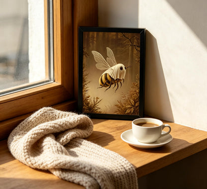 Framed Funny Ghost Bee Wall Art, Spooky Halloween Bee Canvas Print Poster, Whimsical Gothic Decor, Dark Academia Home Decoration, for Living Room Bedroom,