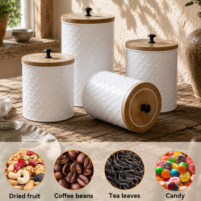 MODE HOME White Metal Kitchen Canister Set of 4 with Wooden Lids, Embossed Fish Scale Storage Containers for Coffee, Tea, Candy & Pet Treats, Farmhouse Decorative Food Jars