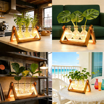 Plant Propagation Stations with LED Lights, Plants Terrarium with Retro Wooden Stand Glass Vase Hydroponics Planter Birthday Gift for Plant Lovers Home Garden Office Indoor Decoration-3 Bulb Vase