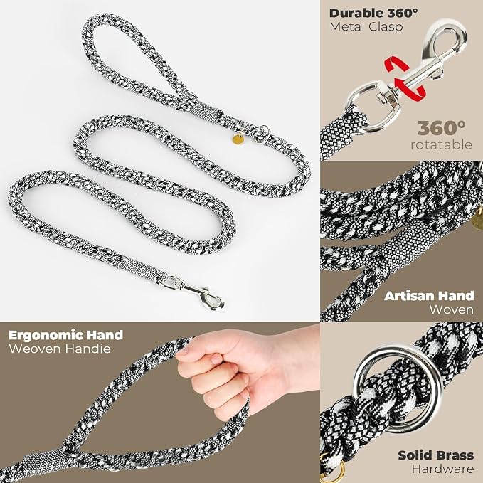 Tirevt Hand-Woven Dog Collar and Leash Set:Color-Block Design, Premium Reinforced Buckle, Adjustable Artisan Paracord for Puppies, Small, Medium & Large Dogs (Black, M+)