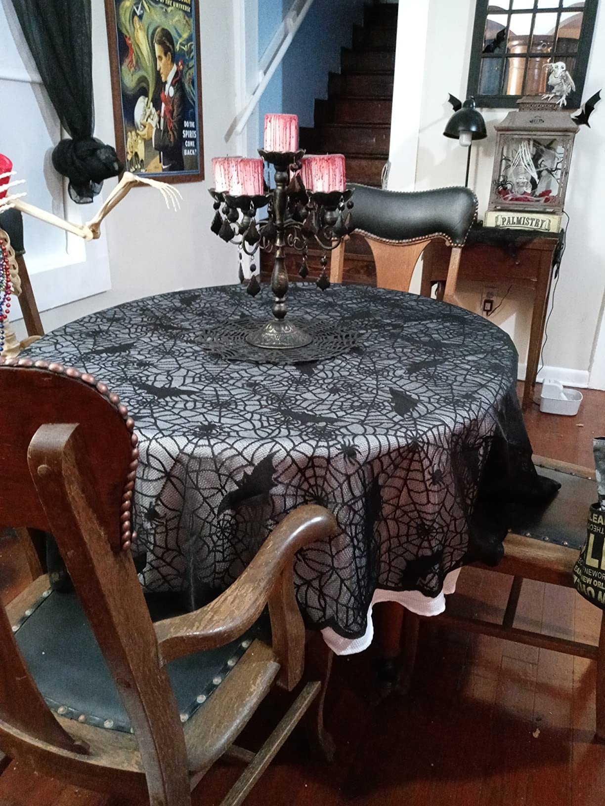 Tonfant Black Lace Tablecloth Round Overlay with Spider Web and Mat for Halloween Party,Easter,Fireplace and Mantle Cover Decoration (Round 70", Black)