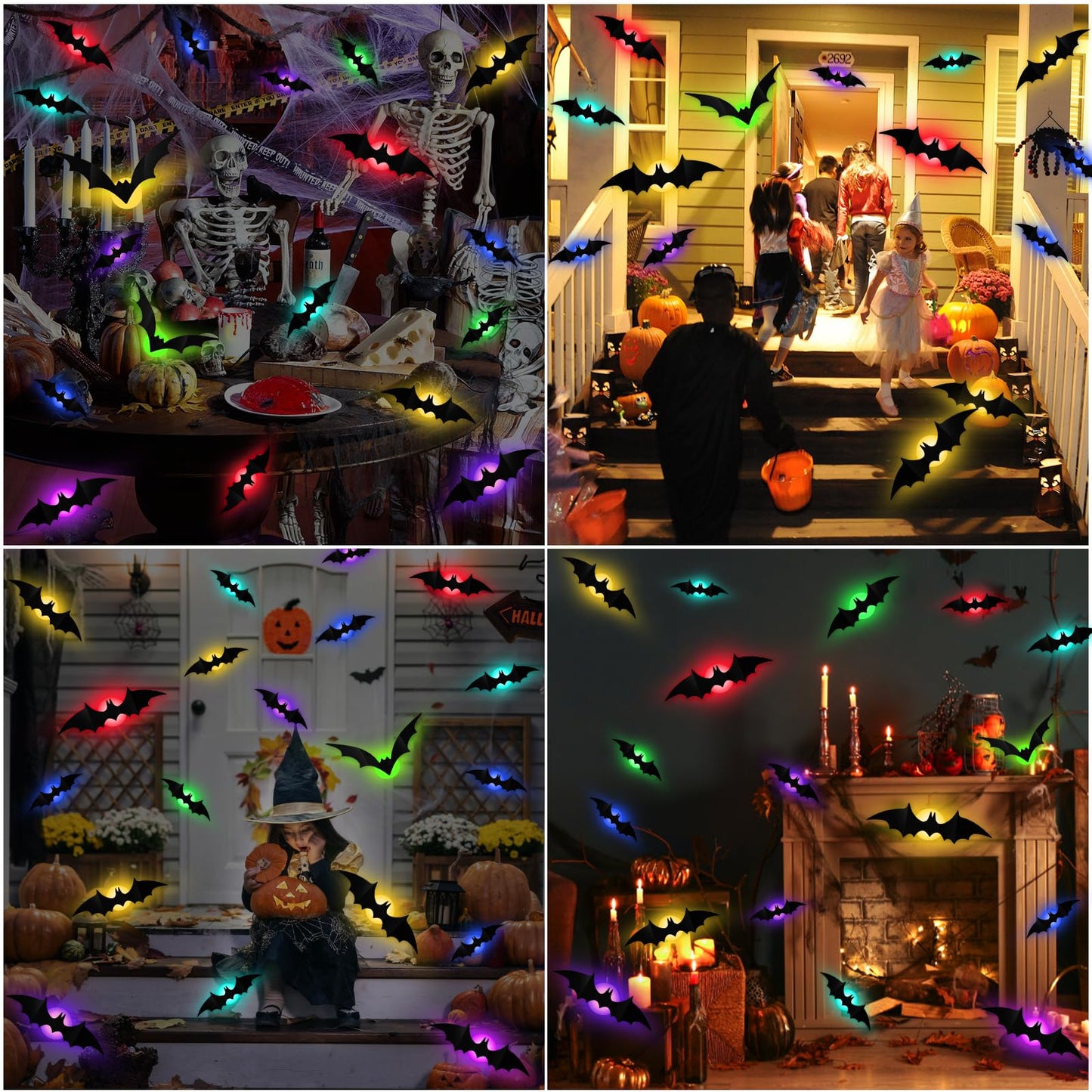 LeeSky 60 Pack Halloween 3D Lighted Bats Wall Decor, 3D Light Up Halloween Bats Wall Stickers for Halloweens Outdoor Indoor Bedroom Window Home Decals