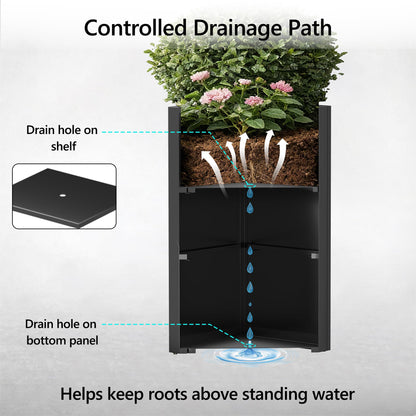 Set of 2 Tall Metal Planter Box for Outdoor Plants,14" L x 14" W x 30" H Heavy Duty Tall Outdoor Planter with Removable Insert Shelf for Porch, Patio, Backyard| Modern Décor|Built-in Drainage|(Black)