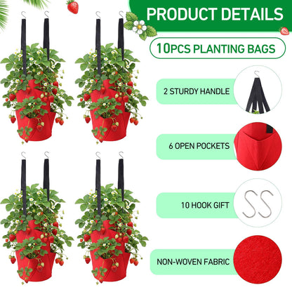 SATINIOR 10 Pack Upside Down Strawberry Planter Set Hanging Vegetables Grow Bags with 10 S Hooks, 3 Gallon Fabric Planting Bags for Easy Vertical Gardening(Red)