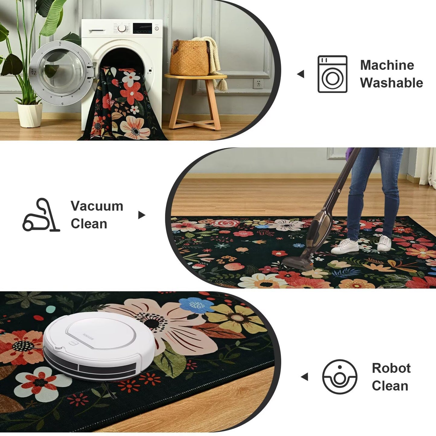 Vasofe 3x5 Rug for Bedroom,Washable Rugs for Living Room, Entryway, Indoor Floor Mat, Small Floral Mats for Nrusery, Farmhouse, Laundry Room, Playroom, Office, Non Slip Low Pile Soft Carpet, Black