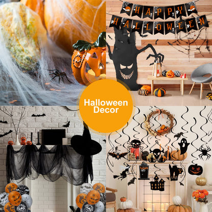 LINAYE Halloween Party Decorations Kit Indoor Outdoor | Halloween Hanging Swirl Decorations, Banner, Creepy Cloth, Balloons, Spider Web Hanging Decorations Decor Set Pack