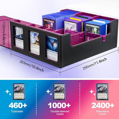 UAONO Card Storage Box for Trading Cards, 1800+ Commander Deck Box for MTG with Display Window, Toploader Card Case fits Magic TCG PTCG Sports Cards; 10 Removable Divider, 3 Stoppers (Black, Purple)