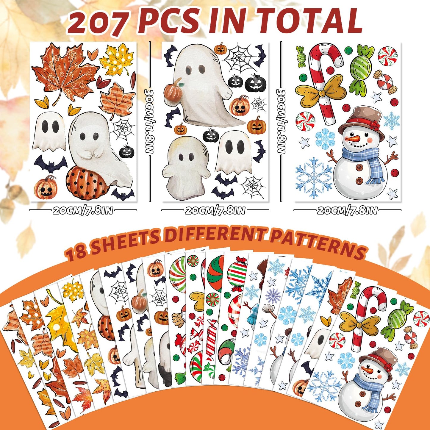 JarThenaAMCS 207Pcs Fall Halloween Christmas Winter Window Clings Maple Leaves Ghost Candy Snowman Double-Sided Glass Decal for Holiday Home School Party Decor,18 Sheets