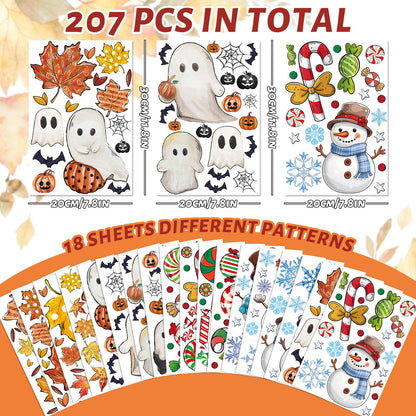 JarThenaAMCS 207Pcs Fall Halloween Christmas Winter Window Clings Maple Leaves Ghost Candy Snowman Double-Sided Glass Decal for Holiday Home School Party Decor,18 Sheets