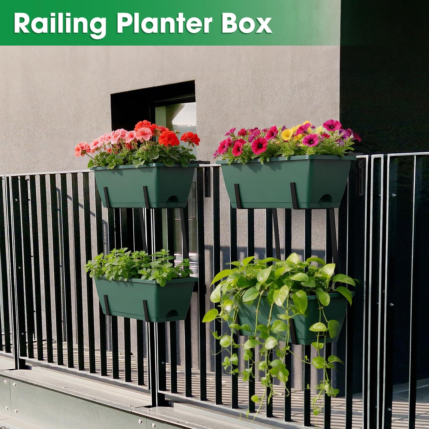 Rectangle Planters Box, 4 Pack Deck Hanging Planters for Railings, Window Box Planter with Drainage Holes & Trays, 16.9 Inch Balcony Planters Railing Hanging with Metal Brackets, Black Green (Green)