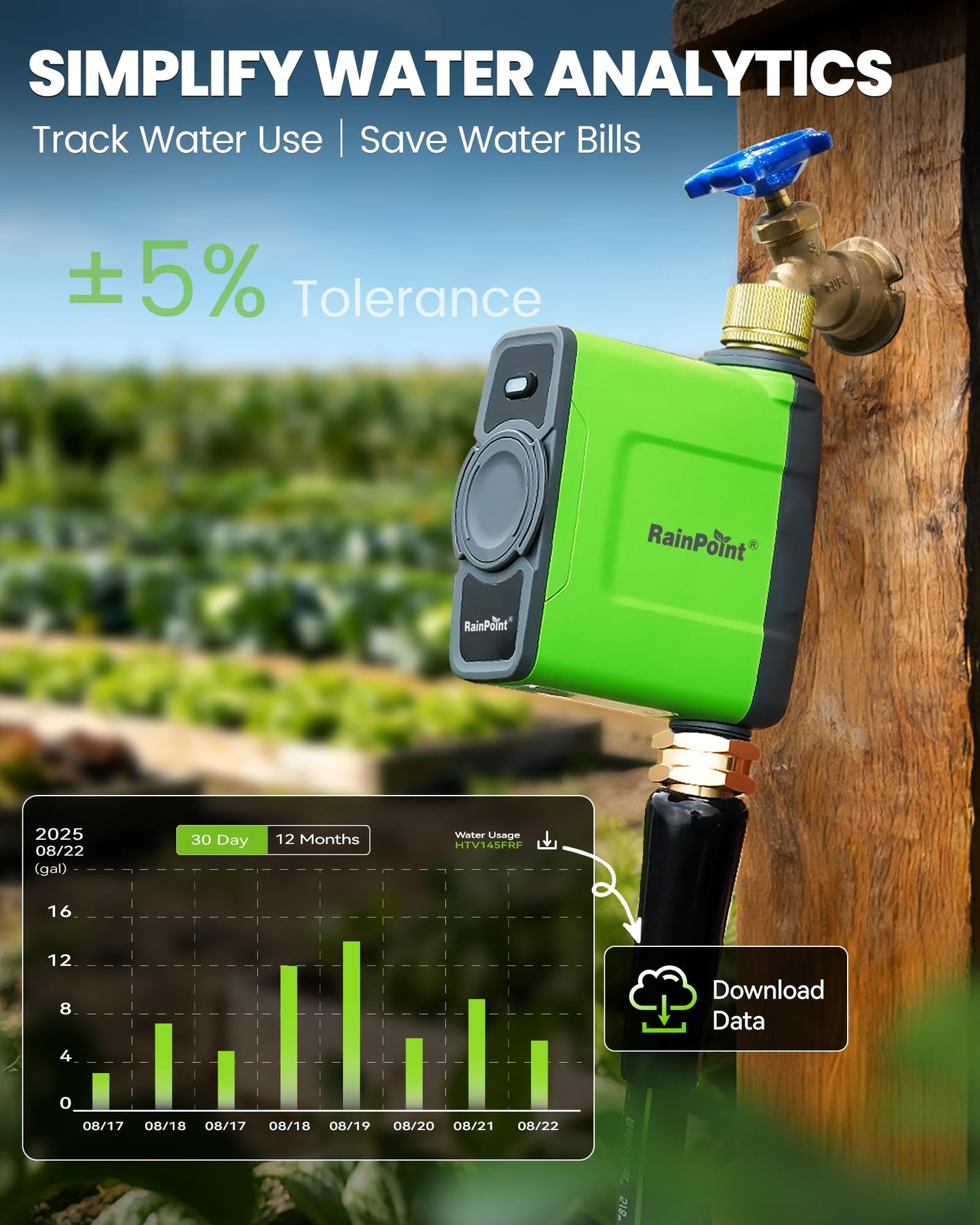 RAINPOINT WiFi Water Timer for Garden Hose, WiFi Sprinkler Controller, Smart Hose Timer Valve, Automatic Drip Irrigation System/Rain Delay for Garden/Lawn/Yard (Brass Inlet, WiFi Gateway)
