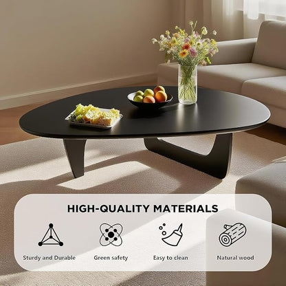 Solid Wood Triangle Coffee Table,Unique Mid Century Modern Oval Coffee Table,Irregular Geometric Tea Tables for Home Living Room with Wooden Tabletop and Reinforced Legs Black 43" L x 31" W x 16" H