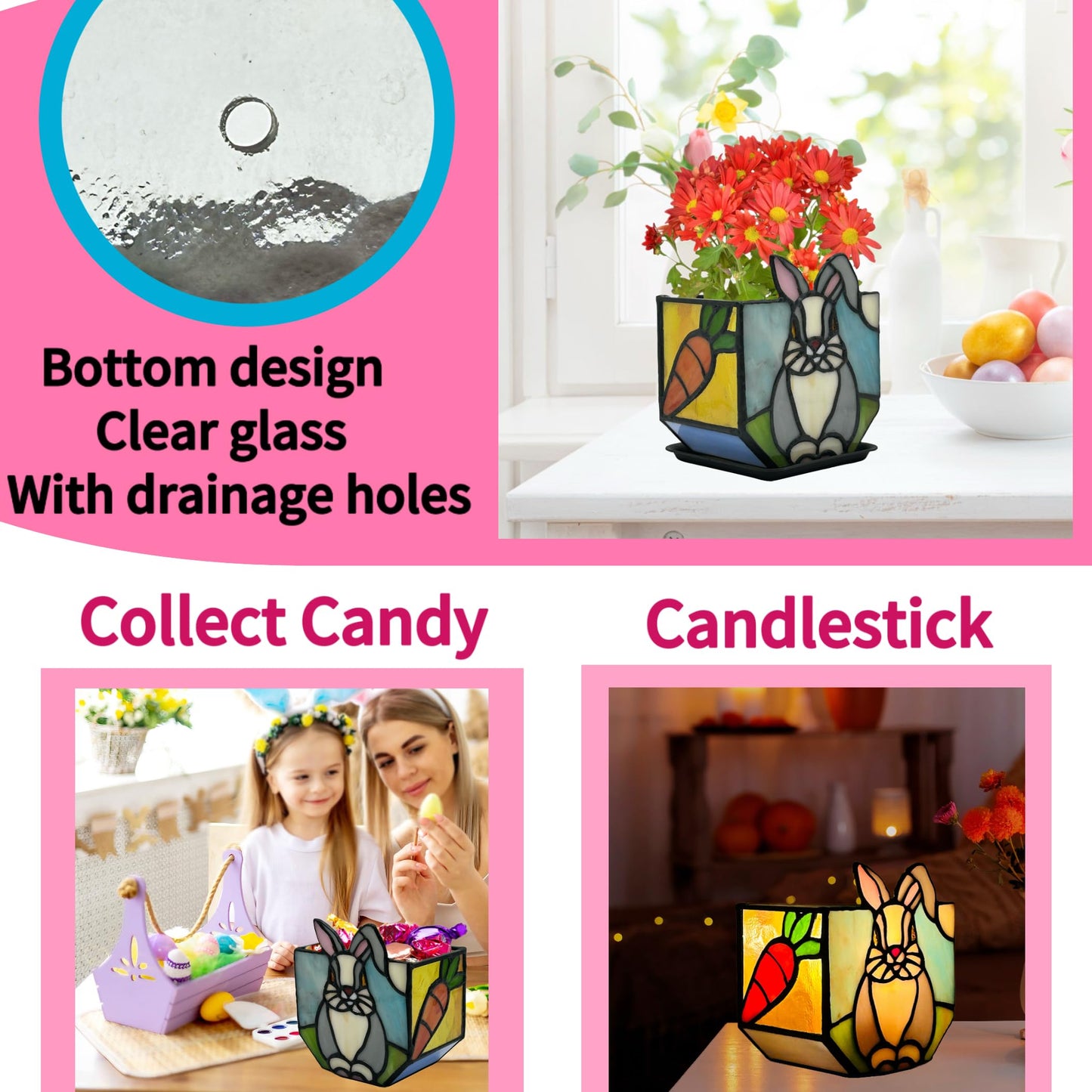 Entlityful Handcrafted Stained Glass Rabbit Planter,Plant Pots Indoor with Drainage, Succulent Flower Pots,Plant Gifts,4.6x3x5.15 in