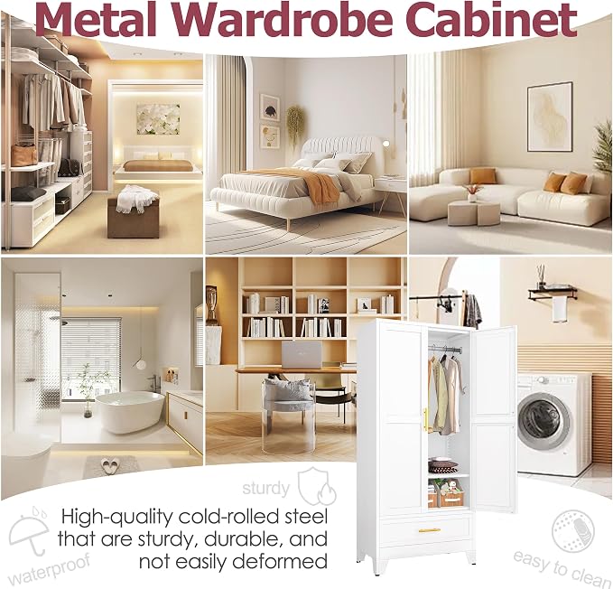 GAIOUS Metal Armoire Wardrobe Closet Cabinet with 2 Doors and Drawer, 71" | Household Wardrobe Cabinet with Hanging Rod, Clothing Storage Cabinet with Adjustable Shelf for Bedroom Cloak Room Gym White