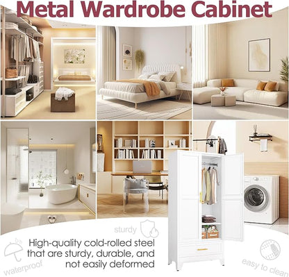 GAIOUS Metal Armoire Wardrobe Closet Cabinet with 2 Doors and Drawer, 71" | Household Wardrobe Cabinet with Hanging Rod, Clothing Storage Cabinet with Adjustable Shelf for Bedroom Cloak Room Gym White