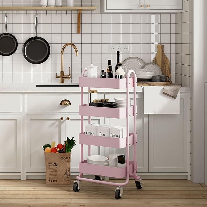 4 Tier Metal Rolling Cart Pink Utility Cart with Wheels,Rolling Pink Cart for Office,Home,Kitchen,Garden（13.4"x18.1"x40"）