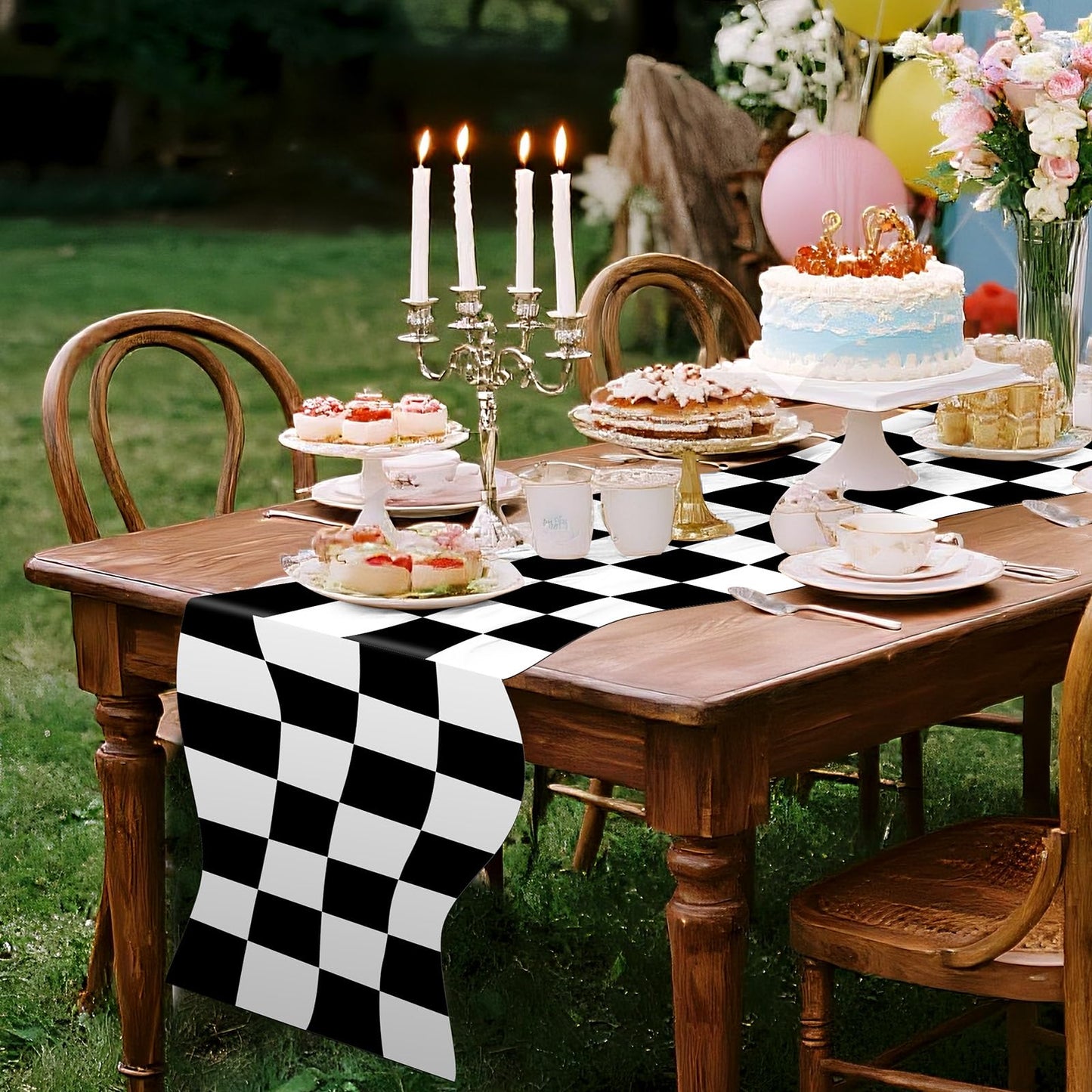 Preboun 2 Pcs Wonderland Party Table Runner Tea Party Table Decor Black and White Checkerboard Tables Runner Decoration for Wonderland Birthday Baby Shower Decorations, 12 x 72 Inches