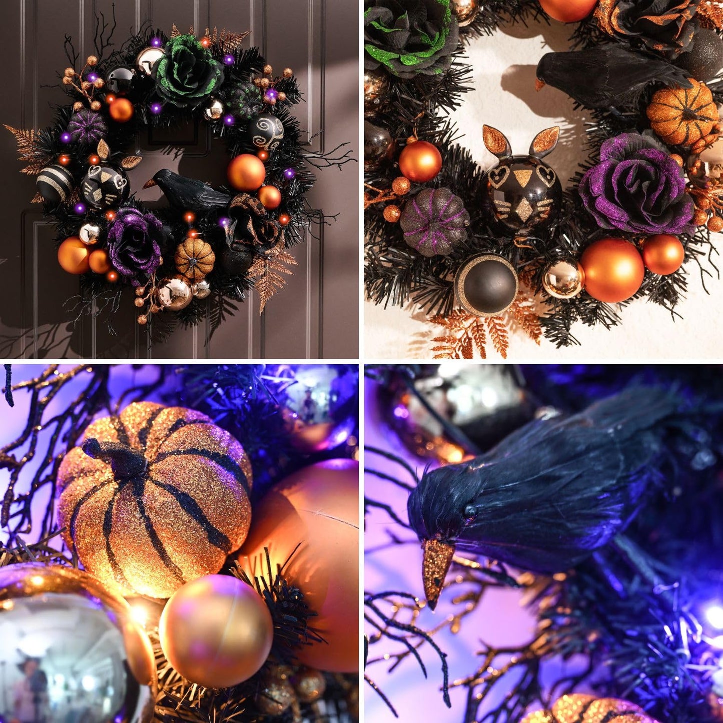 Valery Madelyn 18 Inch Halloween Wreath with Lights for Front Door, Collapsible Pre-Lit Wreath with Fake Crow Pumpkin Halloween Decorations for Home Wall Decor