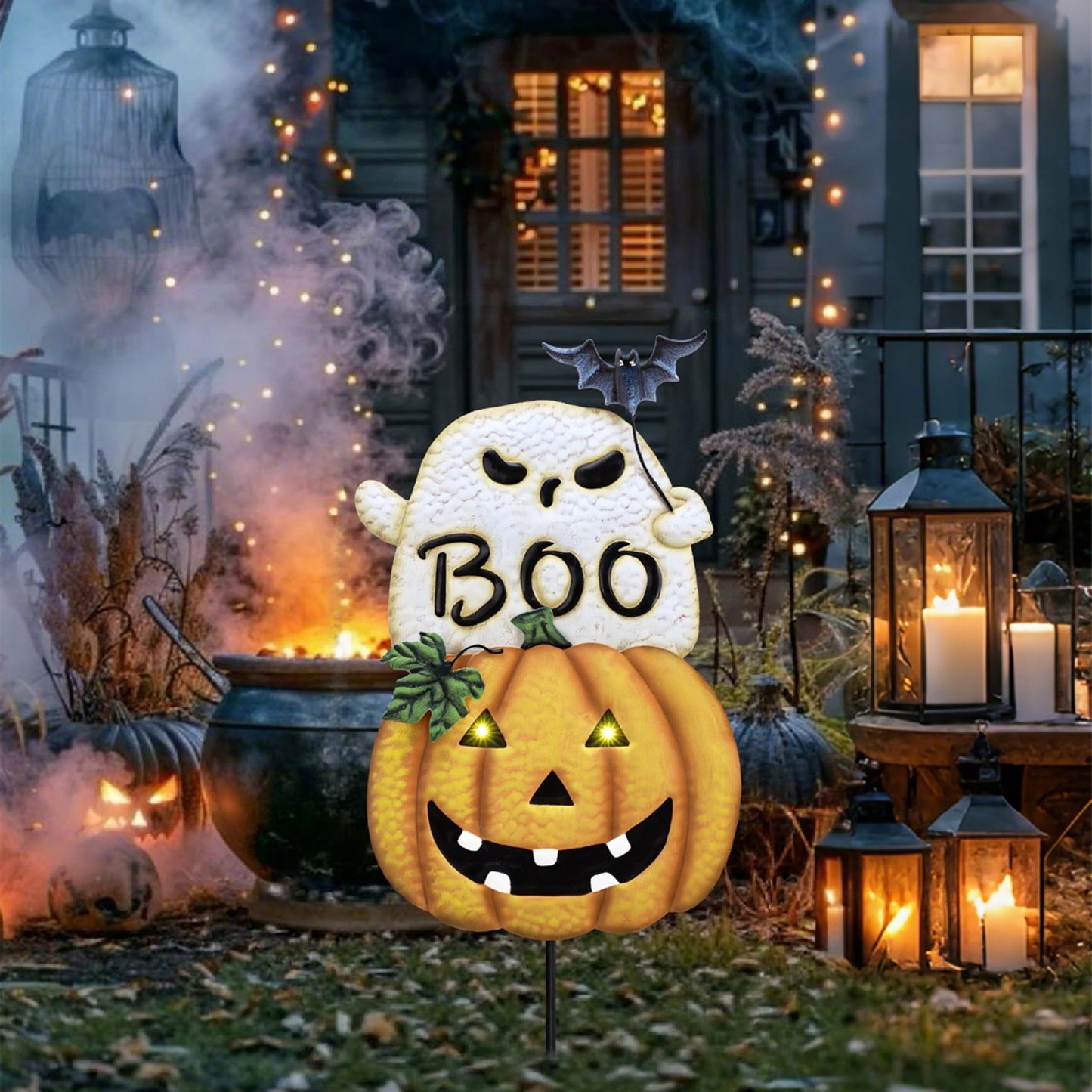 TERESA'S COLLECTIONS Halloween Decorations for Outdoor, Cute Spooky Decorative Garden Stakes with Solar Light, Jack O Lantern Metal Yard Sign for Home Patio Halloween Party