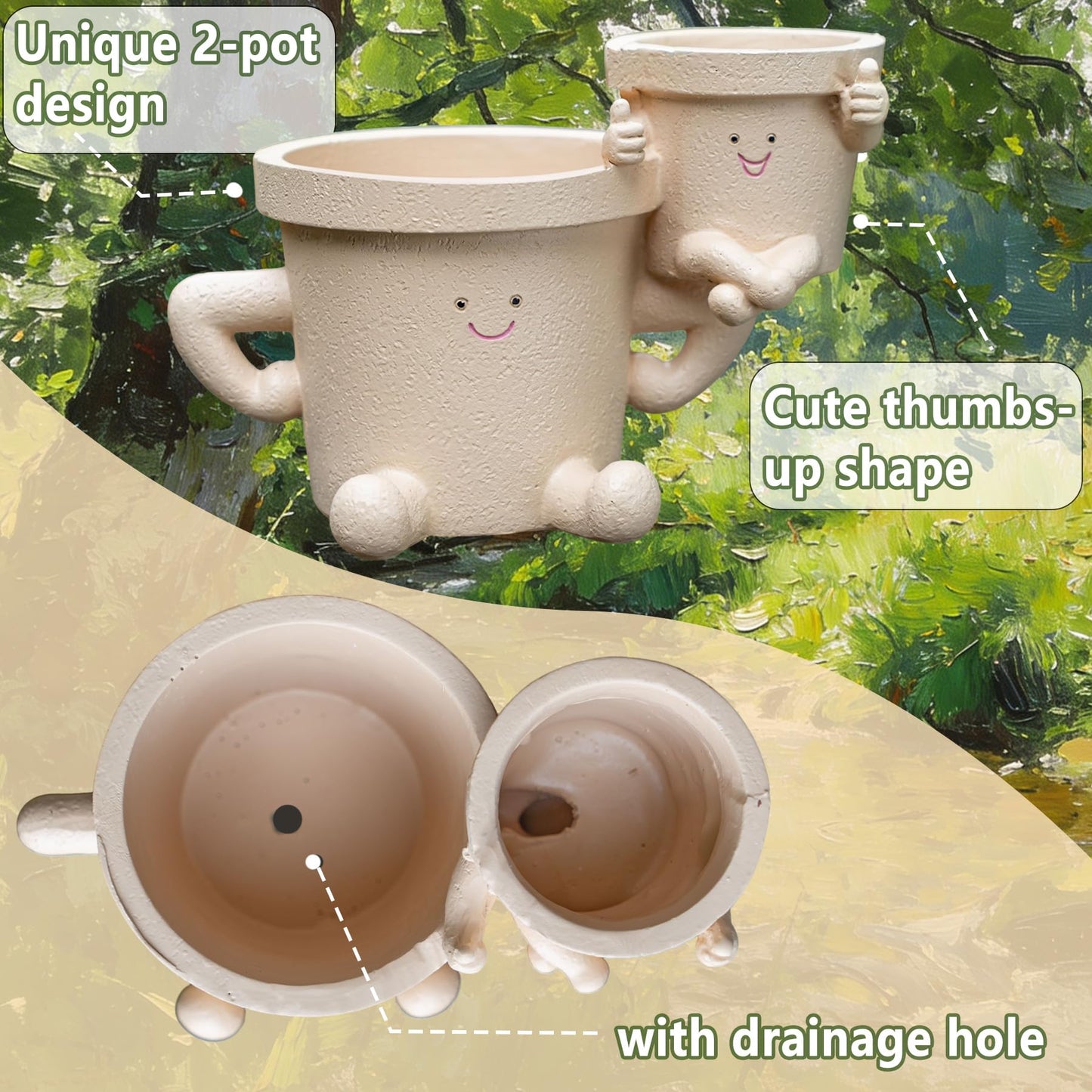 RZOIKZOI Funny Smiley Face Planter with Drainage Hole,Cute Thumbs Up Succulent Pots for Indoor/Outdoor Plants,2-in-1 Unique Novelty Flower Pot, Plant Gifts for Mother's Day, Birthday, Christmas(Khaki)